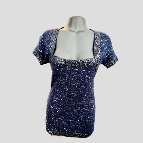 Donna Karen New York Sweater Dress Navy Sequins Square Neck Short Sleeve Small - Picture 5 of 10